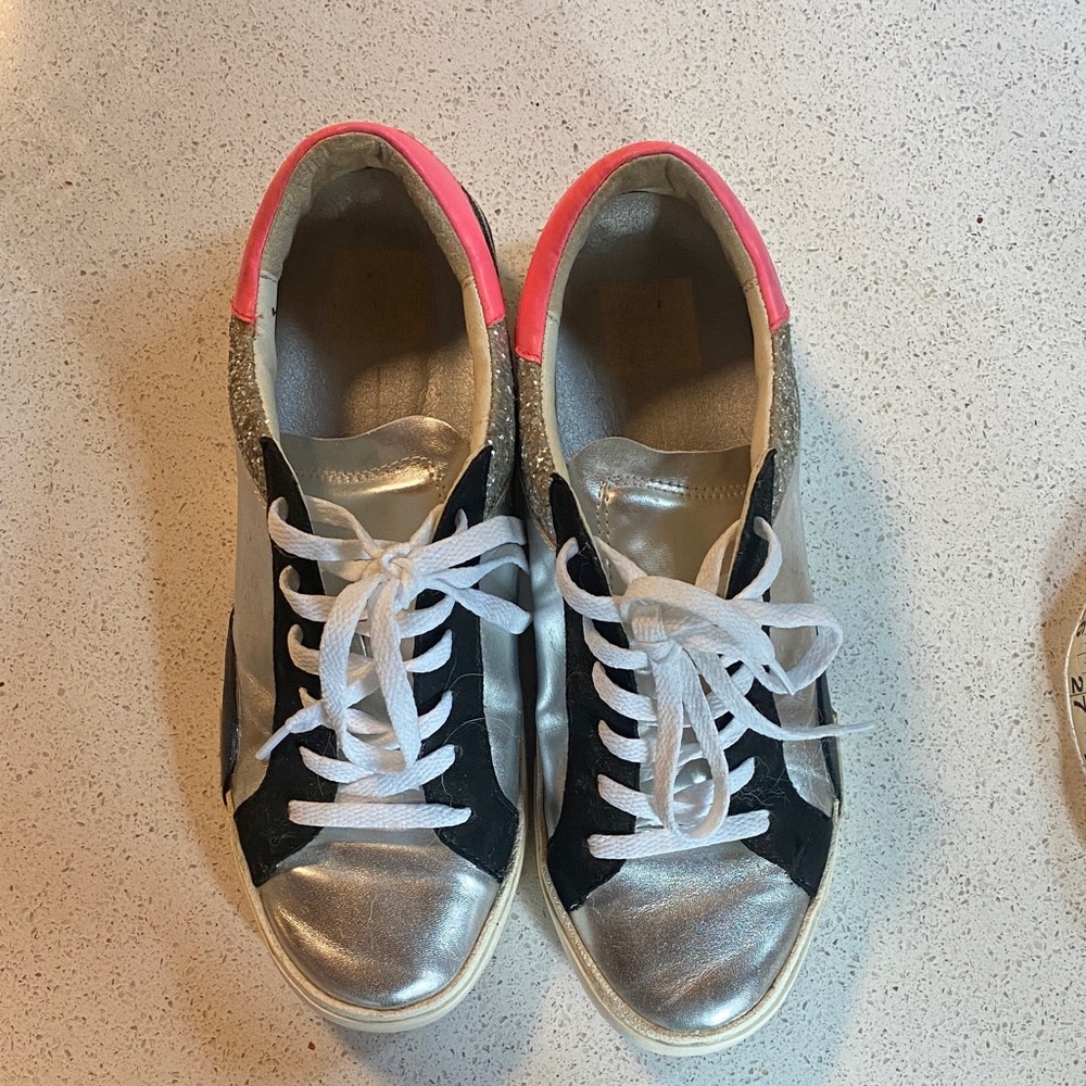 Dolce Vita Metallic Silver and Black Sneakers with Pink Accents